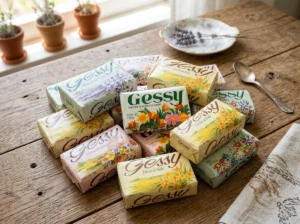 Pilha de sabonetes antigos da marca Gessy com embalagens de papel ilustradas com flores clássicas, arrumados sobre uma mesa rústica de madeira ao lado de uma colher vintage e um prato com flores de lavanda