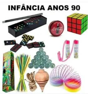 Infância nos Anos 90, brinquedos dos anos 90, dominó preto, cubo mágico, peão, pega vareta, gude, mola