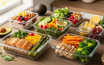 Fileiras de recipientes de vidro transparentes organizados para a semana, exibindo refeições com filés de frango e salmão grelhados, brócolis cozidos, batata-doce picada, ovos cozidos fatiados, quinoa e espinafre.