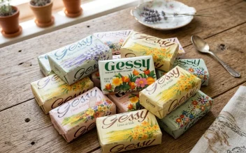 Pilha de sabonetes antigos da marca Gessy com embalagens de papel ilustradas com flores clássicas, arrumados sobre uma mesa rústica de madeira ao lado de uma colher vintage e um prato com flores de lavanda